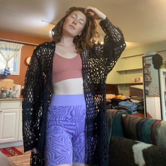 Netted Crochet Knit Cardigan Coverup Oversized Summer Beach Black OS - Picture 5 of 7